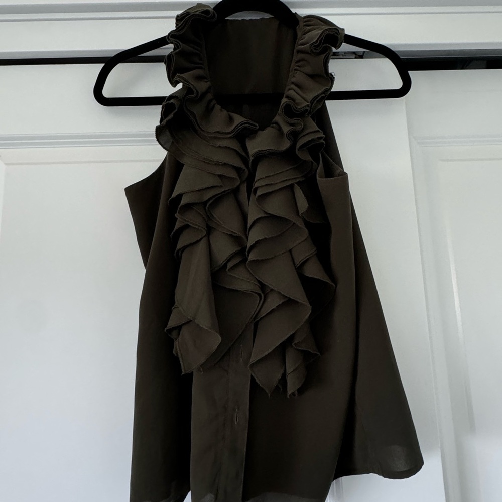 Ruffled Sleeveless Blouse - Olive Green
